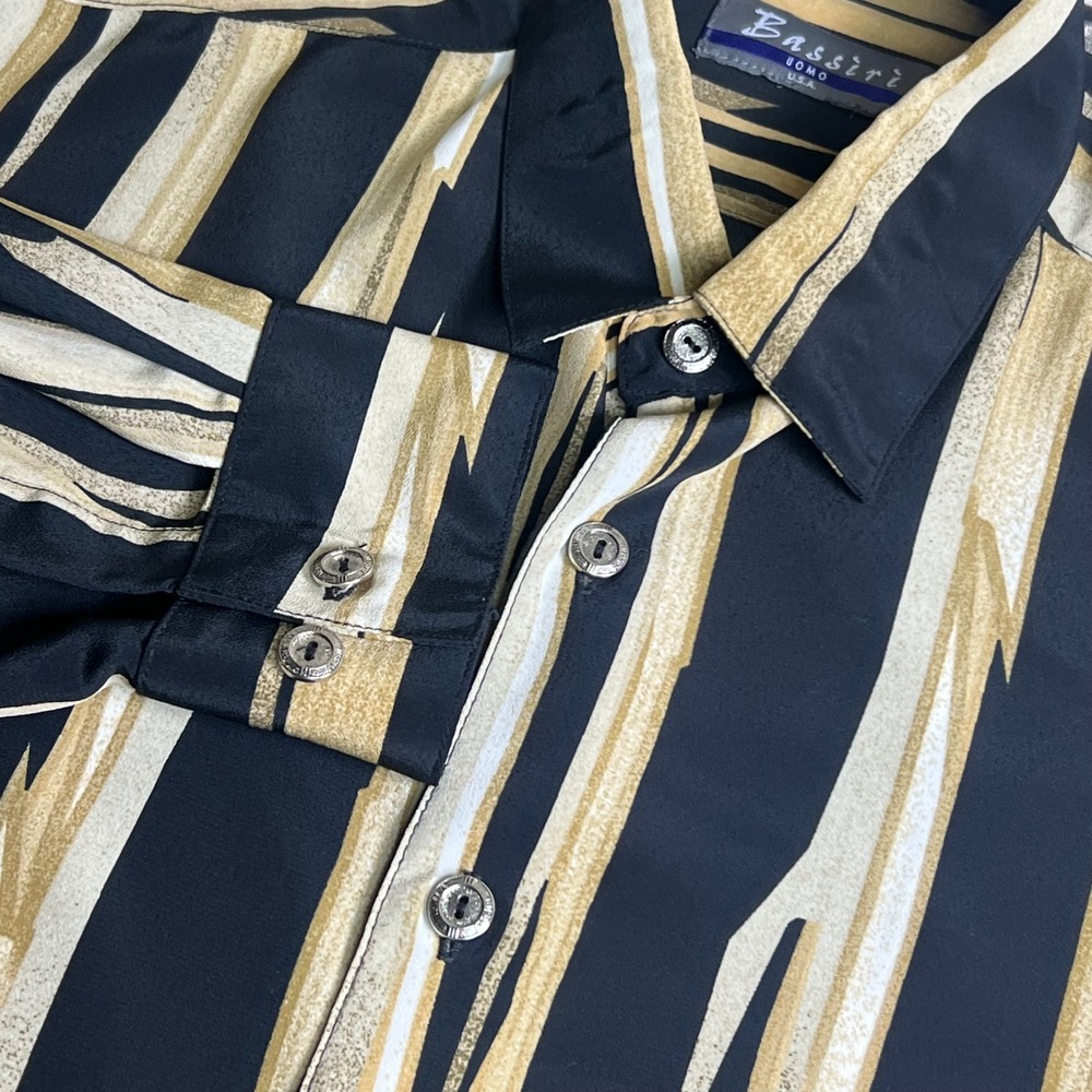 Vintage Bassiri Shirt Made USA Mens Abstract Stripe Microfiber L Button Retro